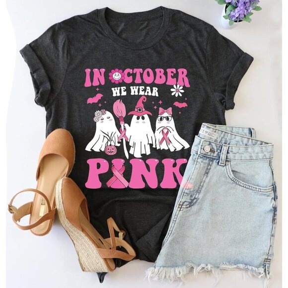 Women's Black Cotton Blend Halloween Ghost Retro Spooky Short Sleeve T Shirt - Picture 2 of 2